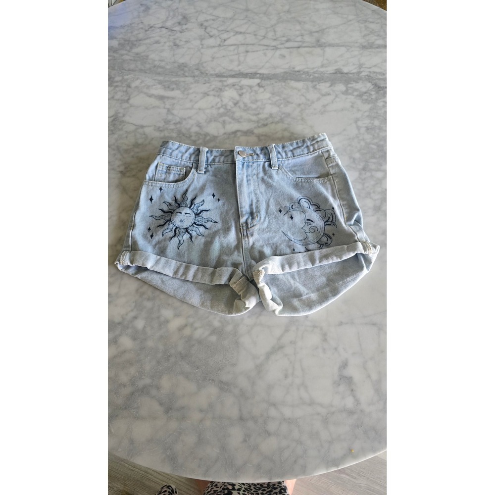 SHEIN Teen Light Wash Celestial Sun Moon Denim Shorts Blue US 14Y High Waisted